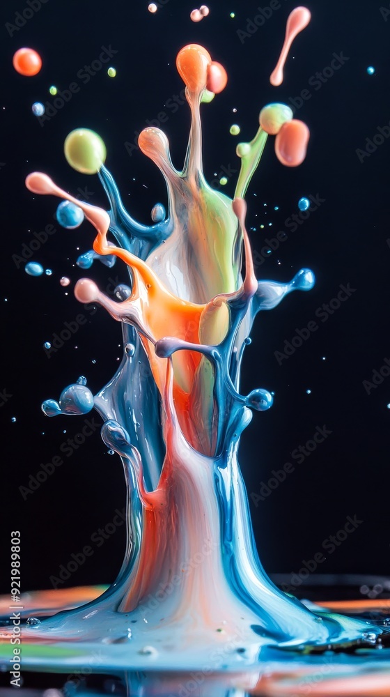 Poster colorful paint splashing and mixing, creating unique shapes