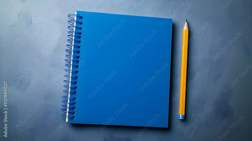 Poster top down view of open blue notebook and pencil on grey backdrop spiral bound school and office noteb