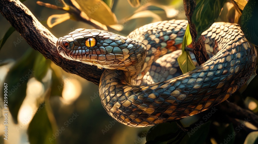 Poster venomous snake resting on a branch in the rainforest