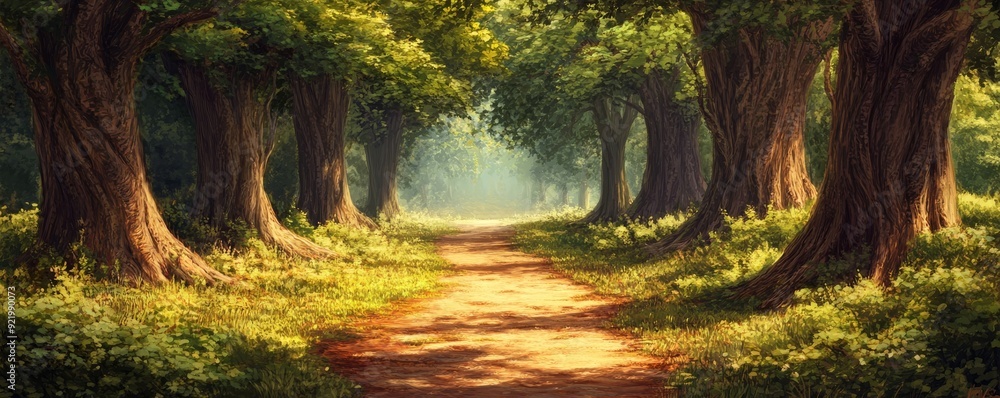 Poster sun shining through trees on path winding through forest