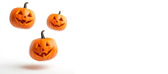 Fototapeta premium halloween carved pumpkins in the air, isolated on a white background, copy space for text, banner card wallpaper