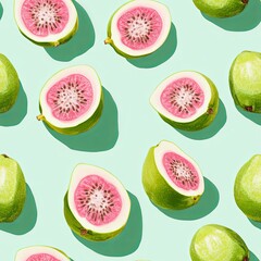 Sliced guavas arranged on a pastel background showcasing the vibrant pink flesh and green outer skin Seamless pattern
