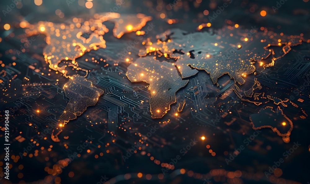 Poster digital world map made of circuit board golden lines and glowing lights. symbolizing global connecti