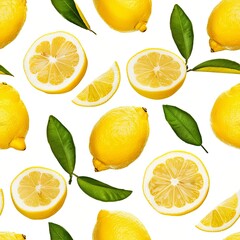 Fototapeta premium Fresh lemons and lemon slices with green leaves arranged on a white background Seamless pattern