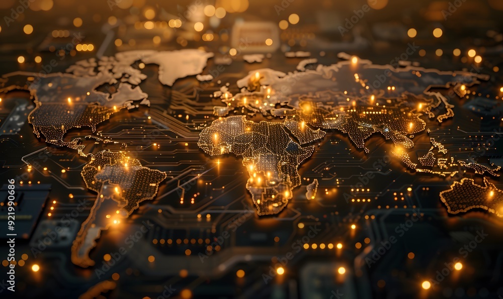 Poster digital world map made of circuit board golden lines and glowing lights. symbolizing global connecti