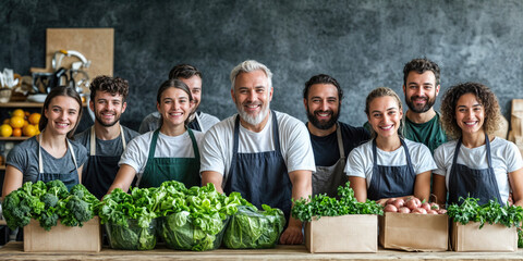 Team of grocers posing with fresh organic vegetables in grocery store