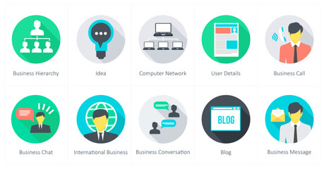 A set of 10 Communication icons as business hierarchy, idea, computer network
