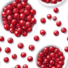 Fresh cranberries arranged in several white bowls on a bright surface Seamless pattern
