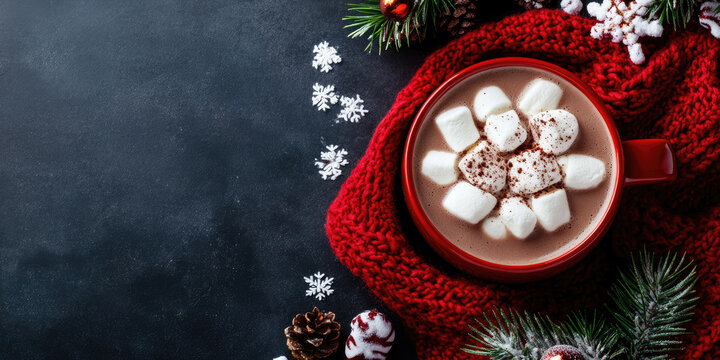 Christmas red mug with hot chocolate marshmallows and decorations on dark background