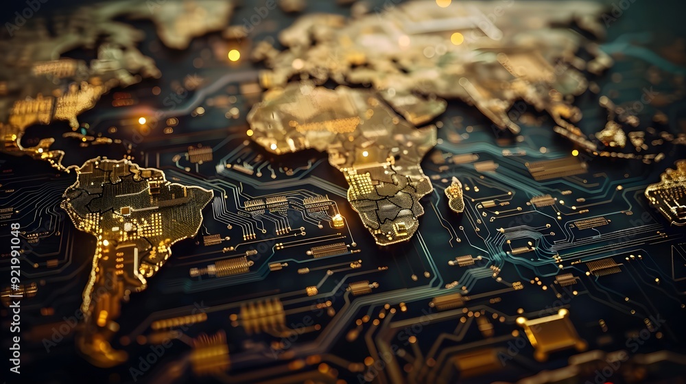 Poster digital world map made of circuit board golden lines and glowing lights. symbolizing global connecti