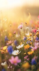 Wildflowers blooming in field at golden hour sunset