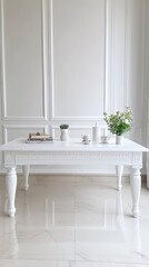 Fototapeta premium A stylish workspace features a white desk adorned with stationery and plants, complemented by hexagon-shaped decorations on a plain white wall
