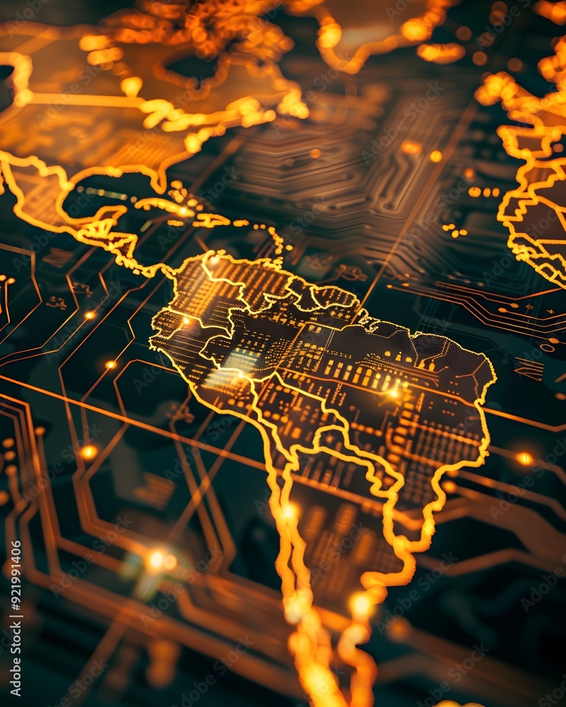 Poster digital world map made of circuit board golden lines and glowing lights. symbolizing global connecti