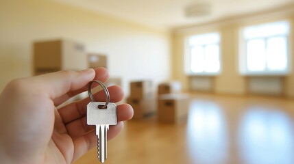 Apartment keys in hand with unfocused moving boxes backdrop.