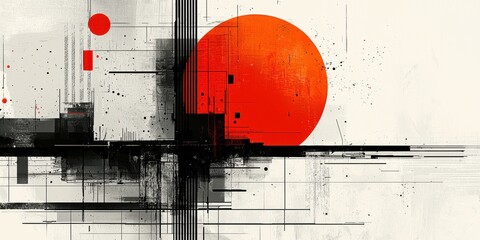 abstract geometric composition featuring a large red circle and black lines on a white background, modern and deconstructive graphic design.