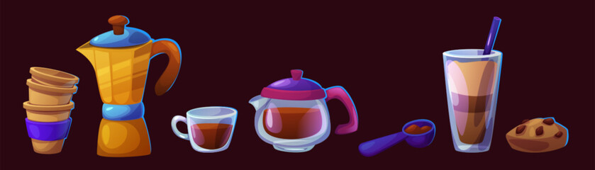 Barista coffee making set. Cartoon vector moka machine and paper takeaway cups, hot drink in glass kettle and mug, espresso machine group head with ground beans, latte and cookie with chocolate chips.
