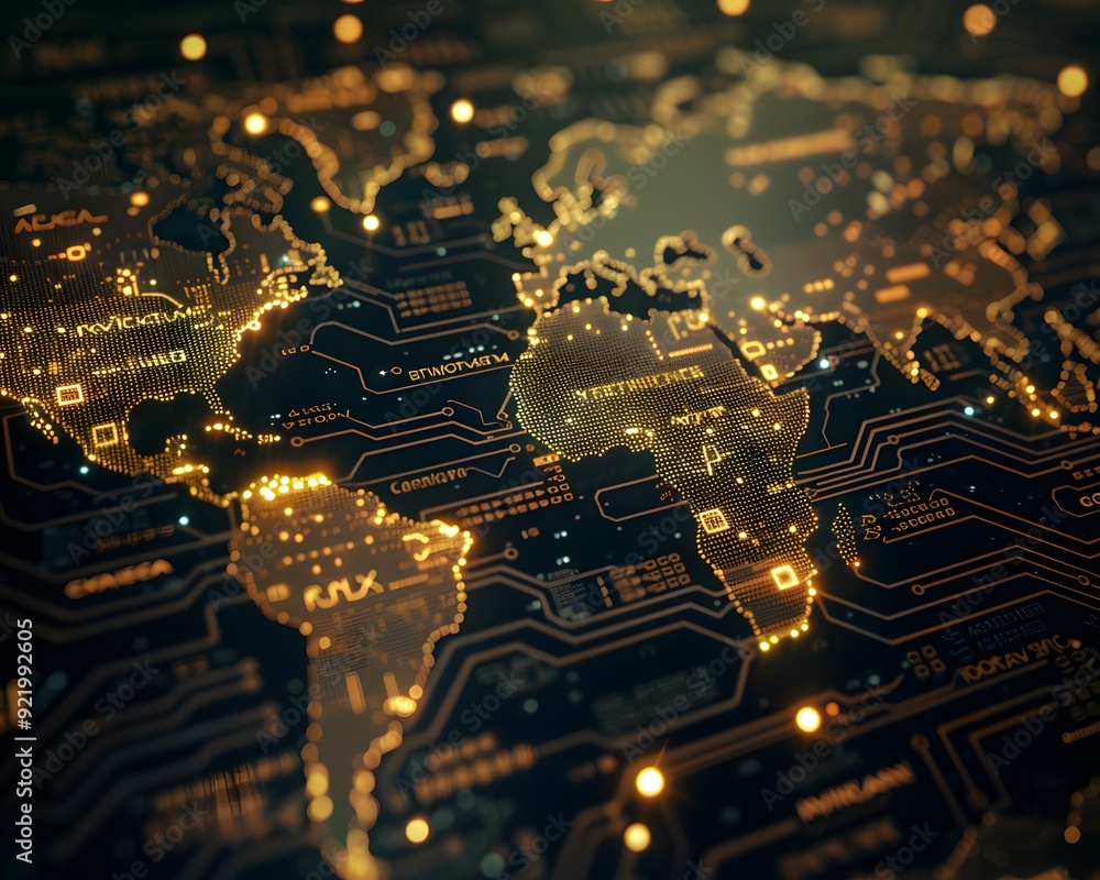 Poster digital world map made of circuit board golden lines and glowing lights. symbolizing global connecti
