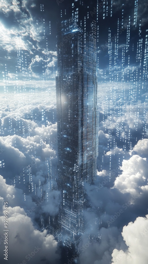 Poster futuristic cityscape with skyscraper piercing clouds and binary code raining down