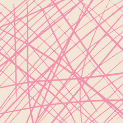 Fototapeta premium Vintage hand drawn pattern, pencil pink crosshatch. Chaotic ink textured lines on beige background, scribble, linear, hatch. Sketch vector illustration.