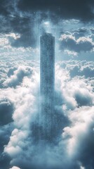 Skyscraper made of binary code rising above the clouds