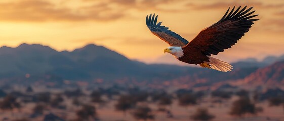 Obraz premium Majestic eagle soaring gracefully through a colorful sunset, showcasing nature's beauty and freedom in a serene landscape.
