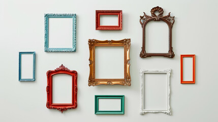 Aesthetic set of empty vintage picture frames of different shapes, bright colors, layout, white backdrop. Generative AI