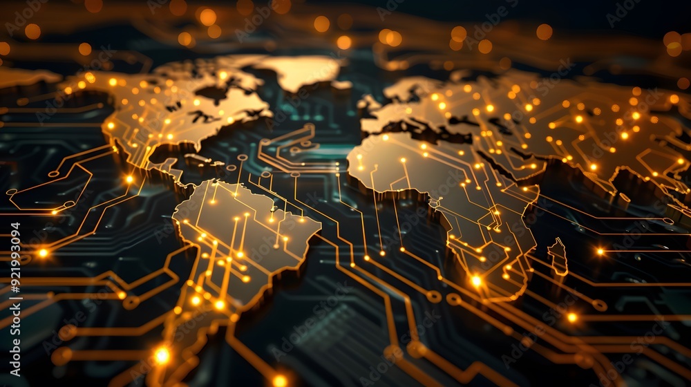 Poster digital world map made of circuit board golden lines and glowing lights. symbolizing global connecti