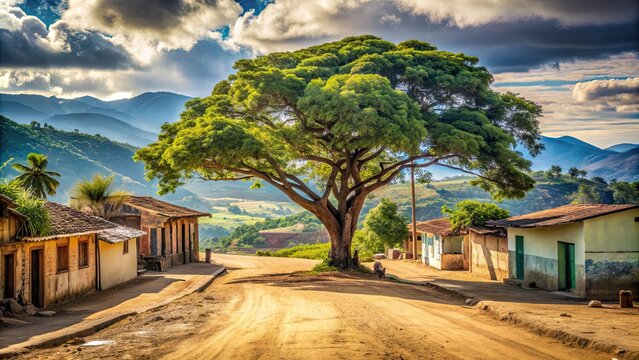 Dusty rural landscape in Jarabacoa, Dominican Republic with a beautiful tree in foreground and street scene