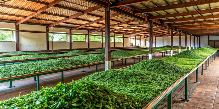 Tea leaves being dried in a specialized room at a tea factory in Sri Lanka, tea production, drying process