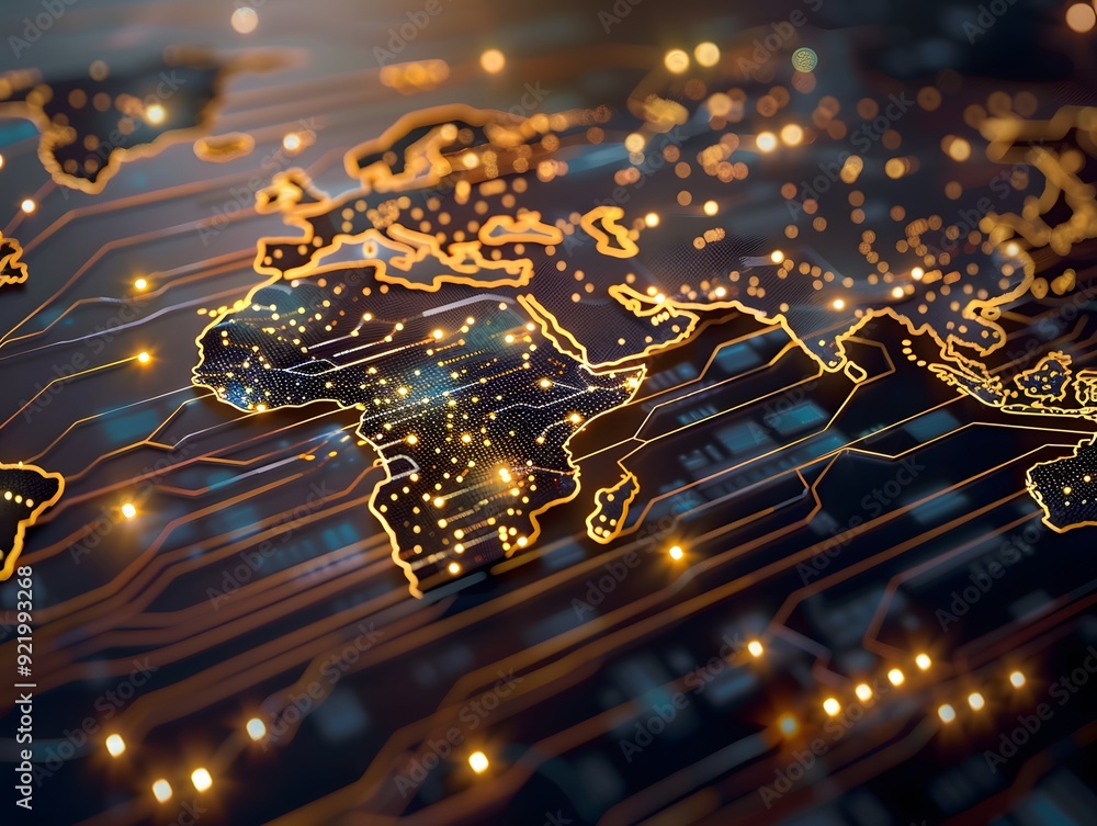 Poster digital world map made of circuit board golden lines and glowing lights. symbolizing global connecti