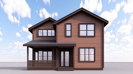 Luxurious beach house nestled on pristine sandy shores, showcasing a stunning wooden exterior amidst turquoise ocean waves and a bright blue sky filled with fluffy clouds