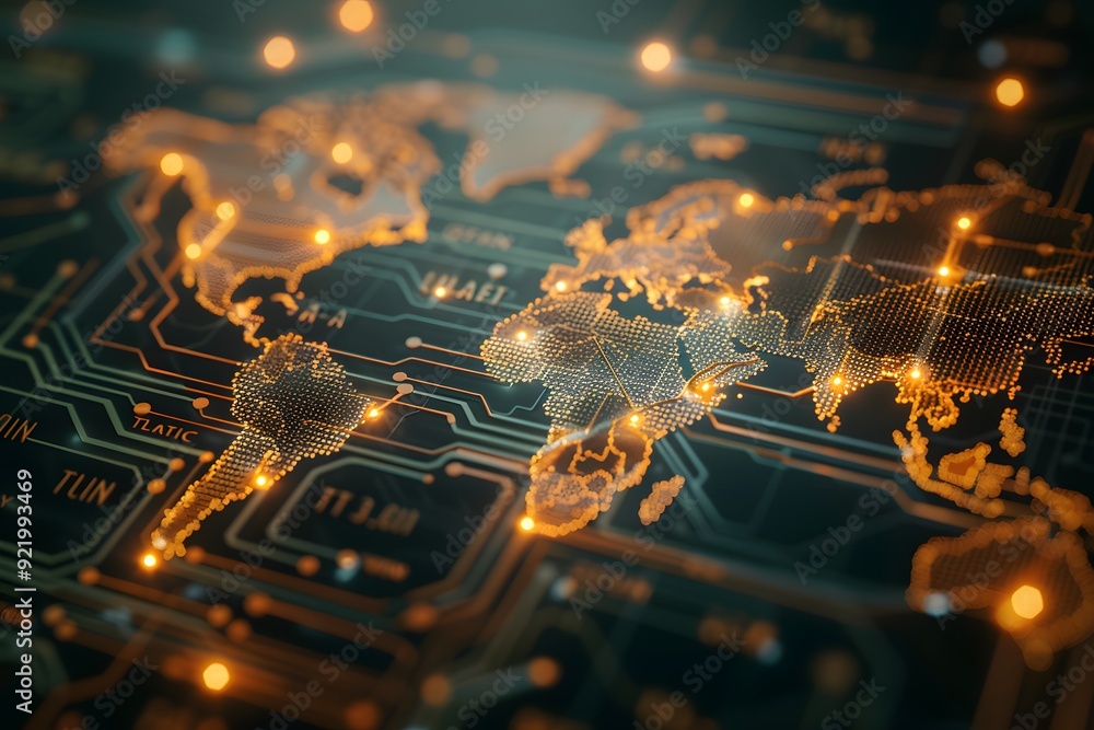 Poster digital world map made of circuit board golden lines and glowing lights. symbolizing global connecti