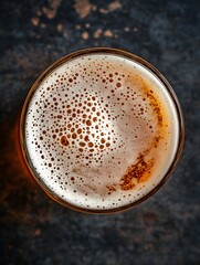 Top View of Freshly Poured Foamy Beer in a Glass on a Dark Textured Background