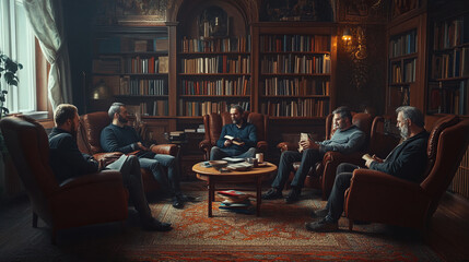  In an ancient library with high vaults, five men are sitting at a massive oak table littered with books and parchments. There is a smell of old paper in the air, they are enthusiastically discussing 