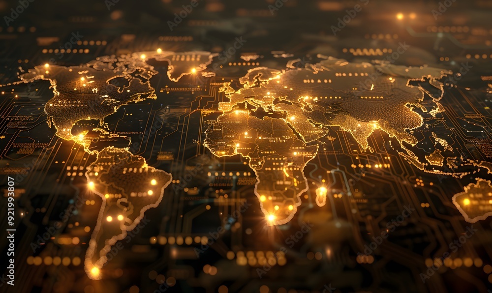 Poster digital world map made of circuit board golden lines and glowing lights. symbolizing global connecti