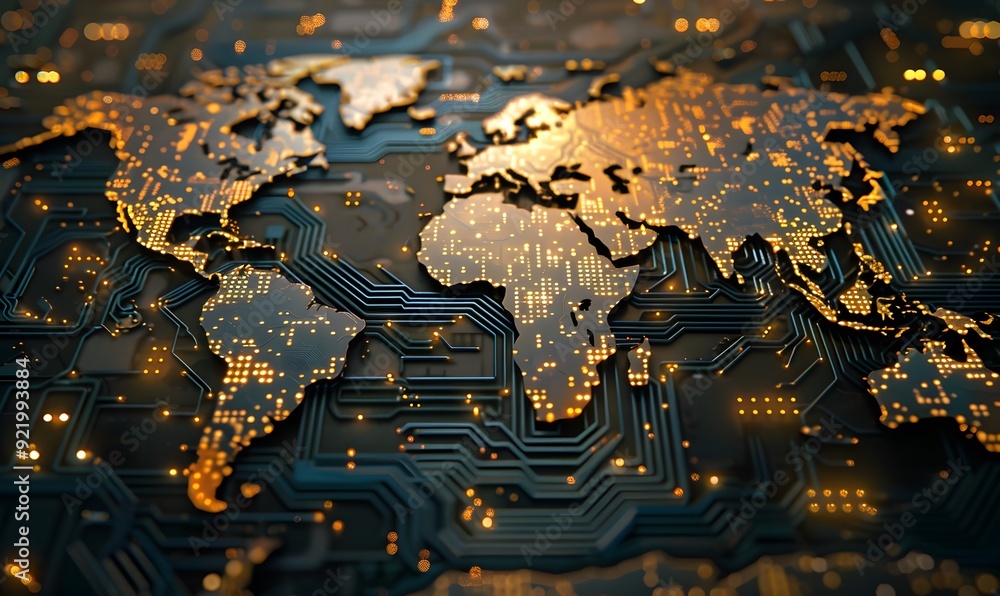 Poster digital world map made of circuit board golden lines and glowing lights. symbolizing global connecti