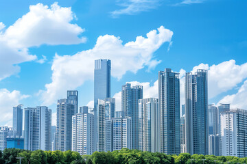 Obraz premium Skyscrapers Viewed from Below with Blue Sky and White Clouds