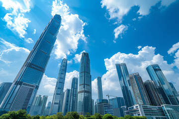 Obraz premium Skyscrapers Viewed from Below with Blue Sky and White Clouds