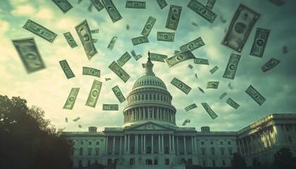 Money falling around the Capitol building under a cloudy sky at sunset