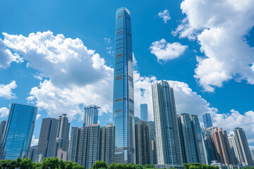 Fototapeta premium Skyscrapers Viewed from Below with Blue Sky and White Clouds