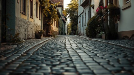 Peaceful cobblestone street scene in old village.