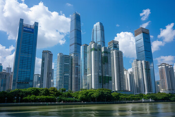 Obraz premium Skyscrapers Viewed from Below with Blue Sky and White Clouds