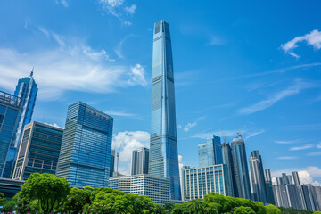 Obraz premium Skyscrapers Viewed from Below with Blue Sky and White Clouds