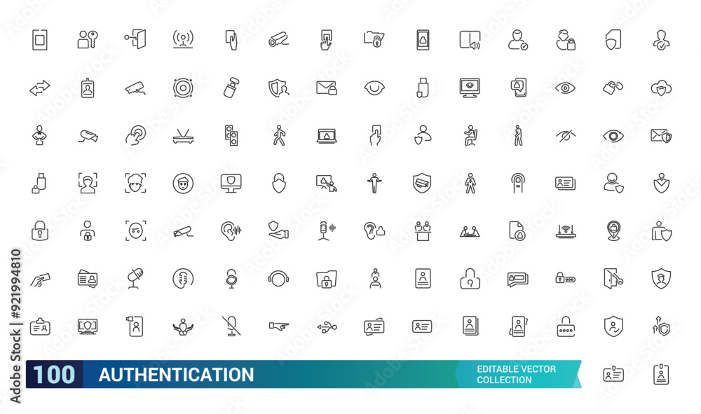 Leinwandbilder authentication and biometric related vector line icon set. collection and pack of linear web and ui 