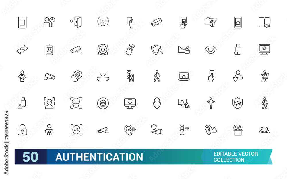 Fototapete authentication and biometric related vector line icon set. collection and pack of linear web and ui 