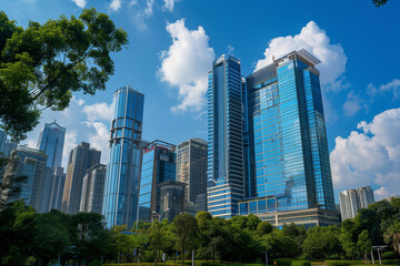 Fototapeta premium Skyscrapers Viewed from Below with Blue Sky and White Clouds