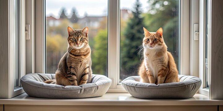 Two cats sitting in beds by window, cats, pets, feline, resting, peaceful, indoor, cozy, domestic, home, relaxation