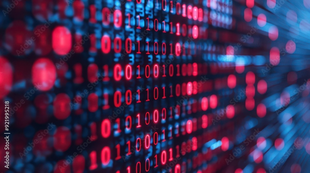 Poster abstract digital background with binary code, showcasing technology, data flow, and a vibrant interp