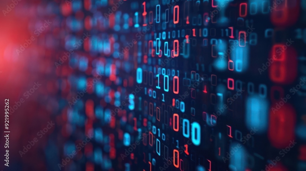 Poster a vibrant digital landscape featuring binary code in red and blue tones, representing data flow and 