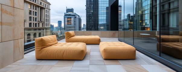 Chic Outdoor Cityscape Lounge Modern Furniture on a Rooftop Terrace with Stunning Urban Views Stylish Cityscape Setting for Relaxation and Entertainment Perfect for Chic Events or Rooftop Gatherings